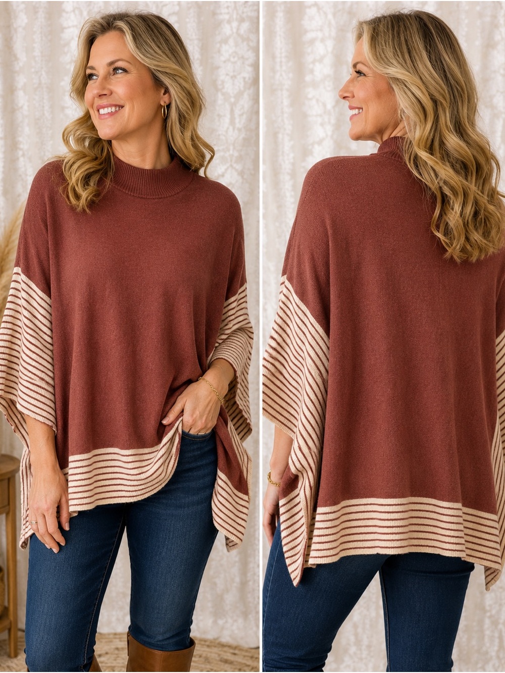 Cocobleu Brown-striped Poncho Sweater S/M